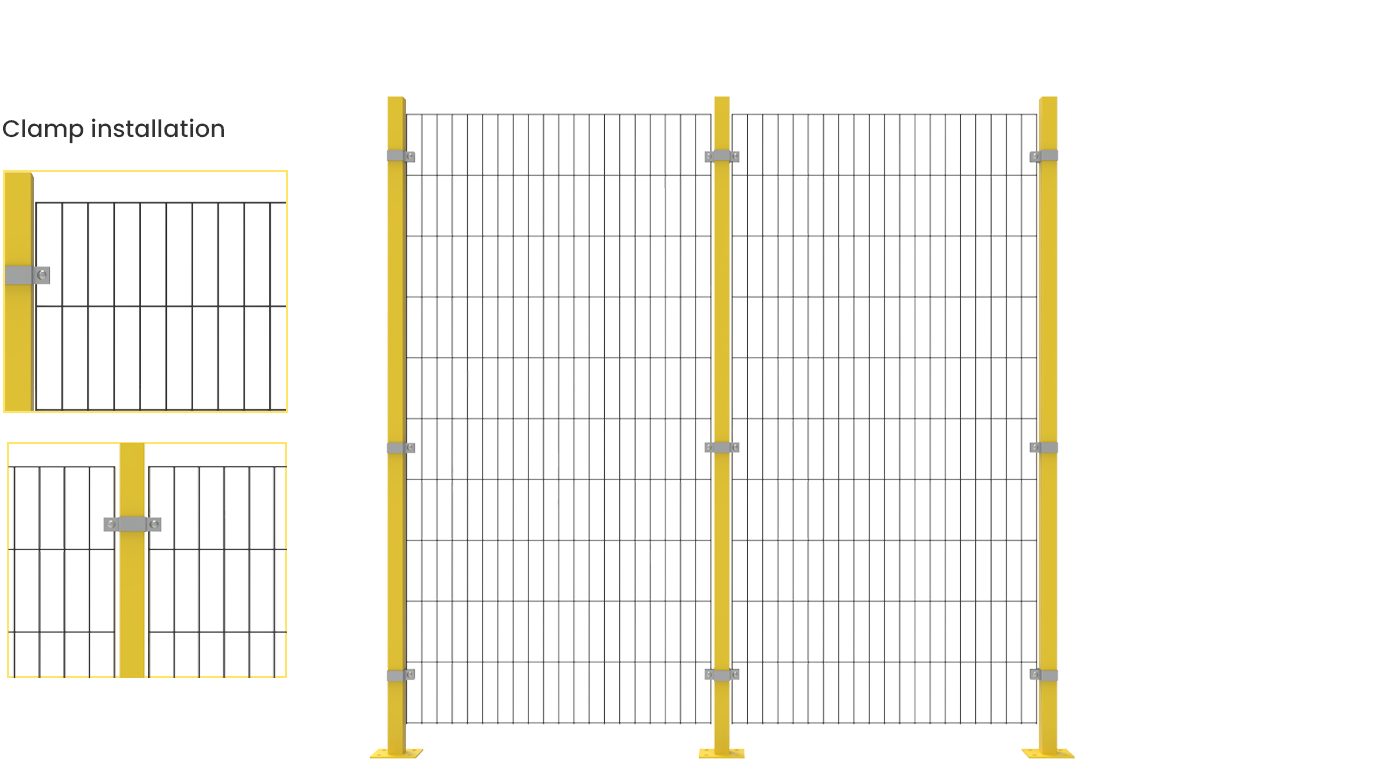 3D fence panels: clamp installation and bolts & nuts installation.