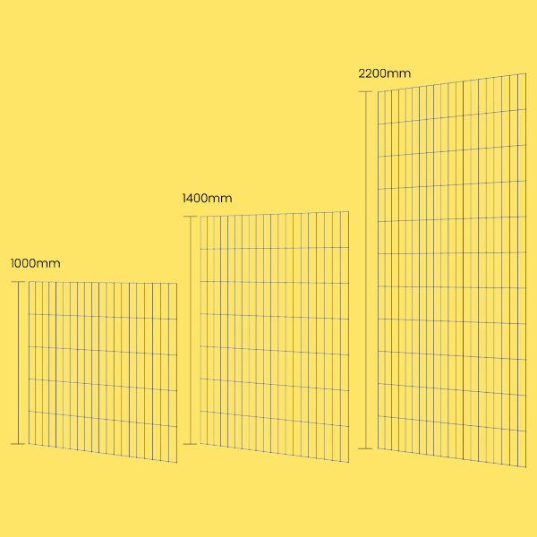 Three different height of 3D fence panel guarding on a white background