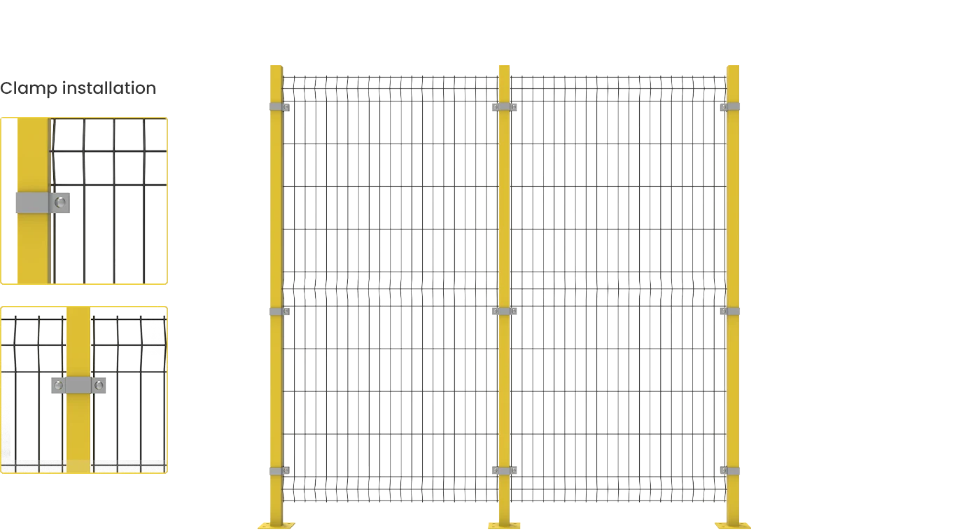 3D fence panels: clamp installation and bolts & nuts installation.