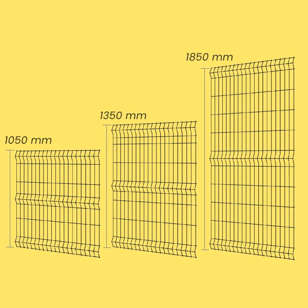 Three different height of 3D fence panel guarding on white background.
