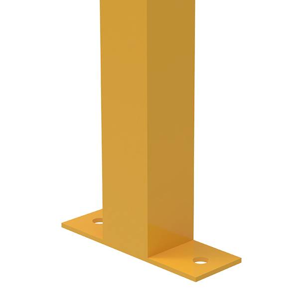 A yellow machine guard post with standard plate and 2 holes.