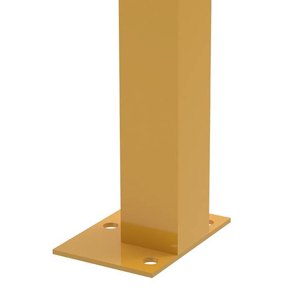 A yellow machine guard post with standard plate and 3 holes.