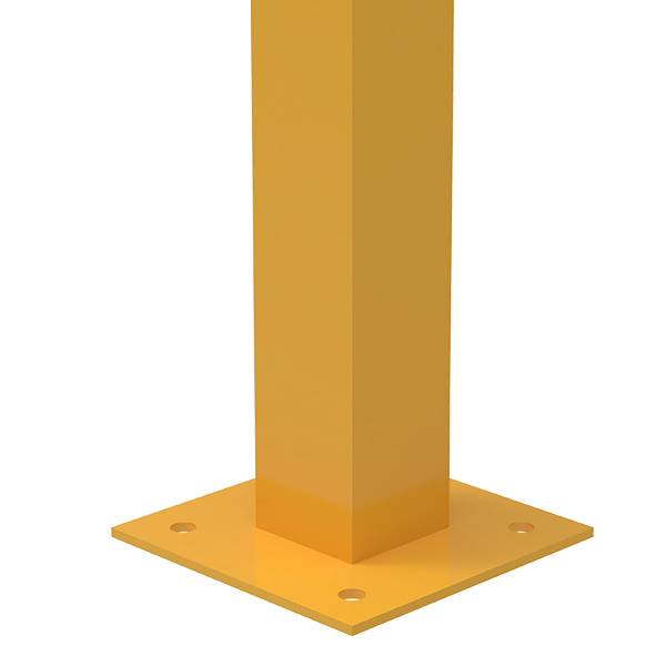 A yellow machine guard post with standard plate and 4 holes.