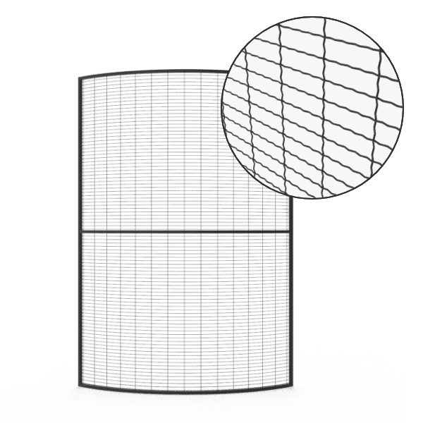 A piece of crimp-mesh machine guarding corner panel.