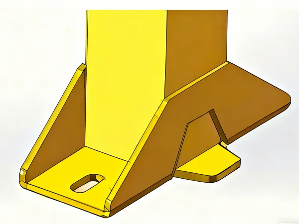 This image shows a yellow Base Plate, designed to stabilize upright posts.