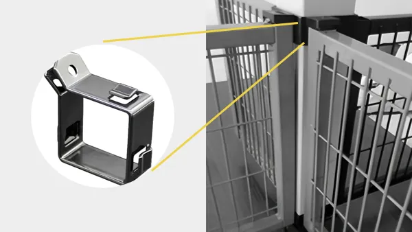 These images show a Connection System: a small metal fitting (top) and its real-world use joining mesh safety barriers (bottom).