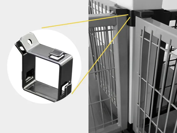 These images show a Connection System: a small metal fitting (top) and its real-world use joining mesh safety barriers (bottom).