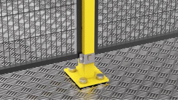 Mesh panels and post are fixed on the steel plate floor with hinged bolts.