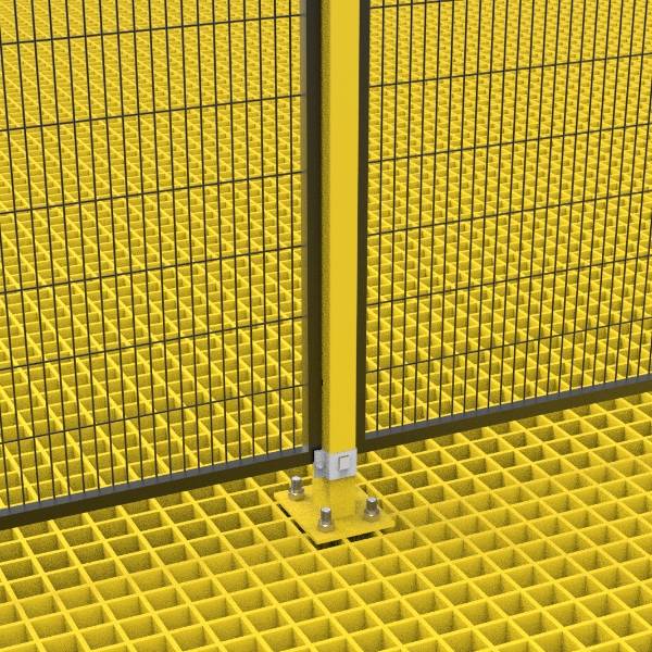 Mesh panels and post are fixed on the grating floor with J-bolts.