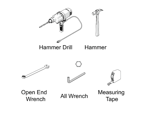 Hammer drill (with drill bit), hammer, open end wrench, all wrench and measuring tape