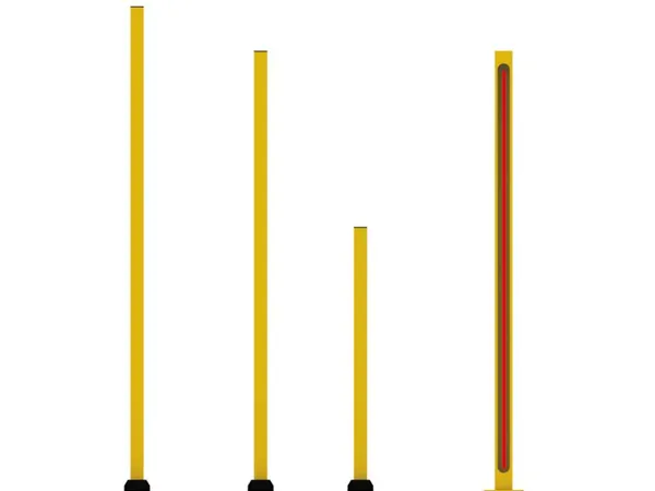 This image shows components of a machine guarding system: multiple Upright Posts and one post featuring a red visual indicator.