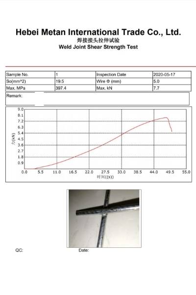 A test report of Metan weld joint shear strength.