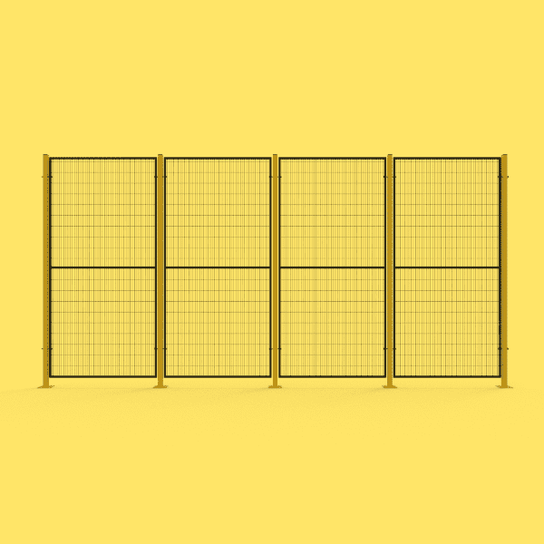 Warehouse partition consists of yellow posts and black welded wire mesh.