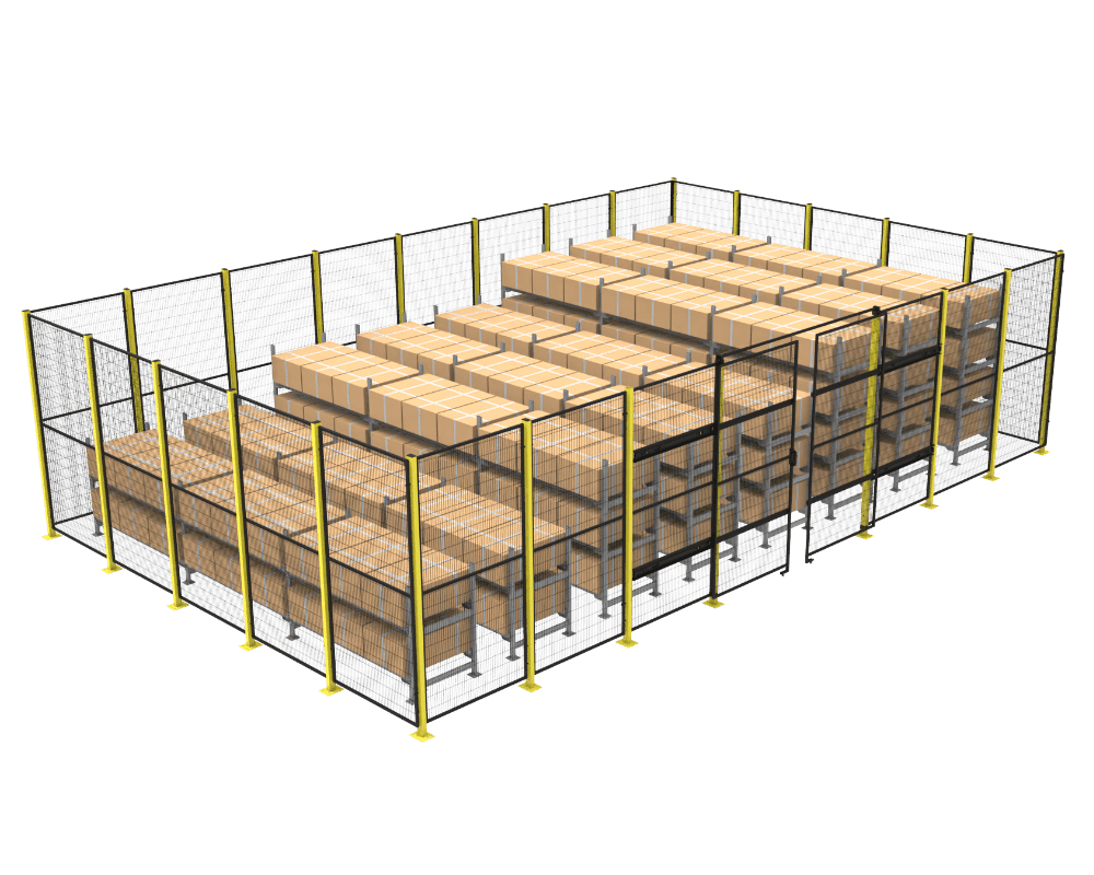 A warehouse partition fence with several goods in the fence.